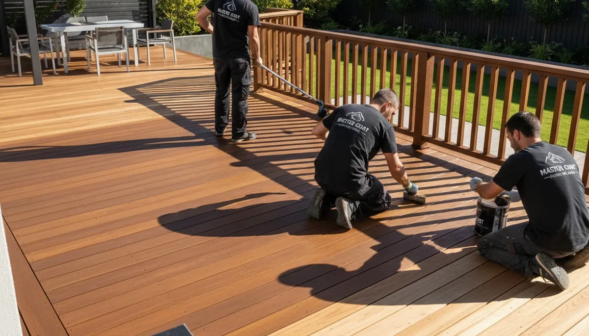 Painters applying weather-resistant deck paint in Redding, CA for wood deck protection